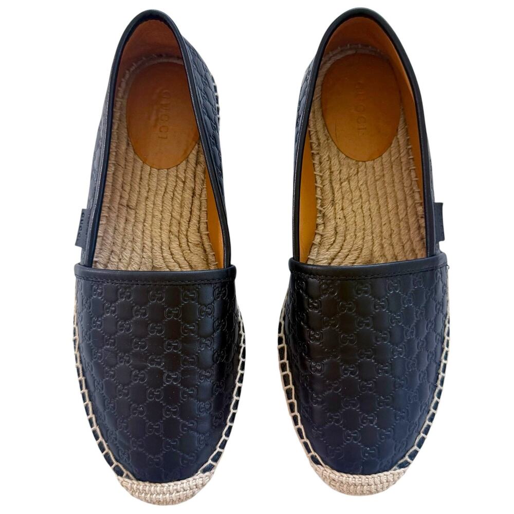 Gucci Guccissima Leather Espadrille Flats Black Logo Loafers Women's 37.5 US 7.5